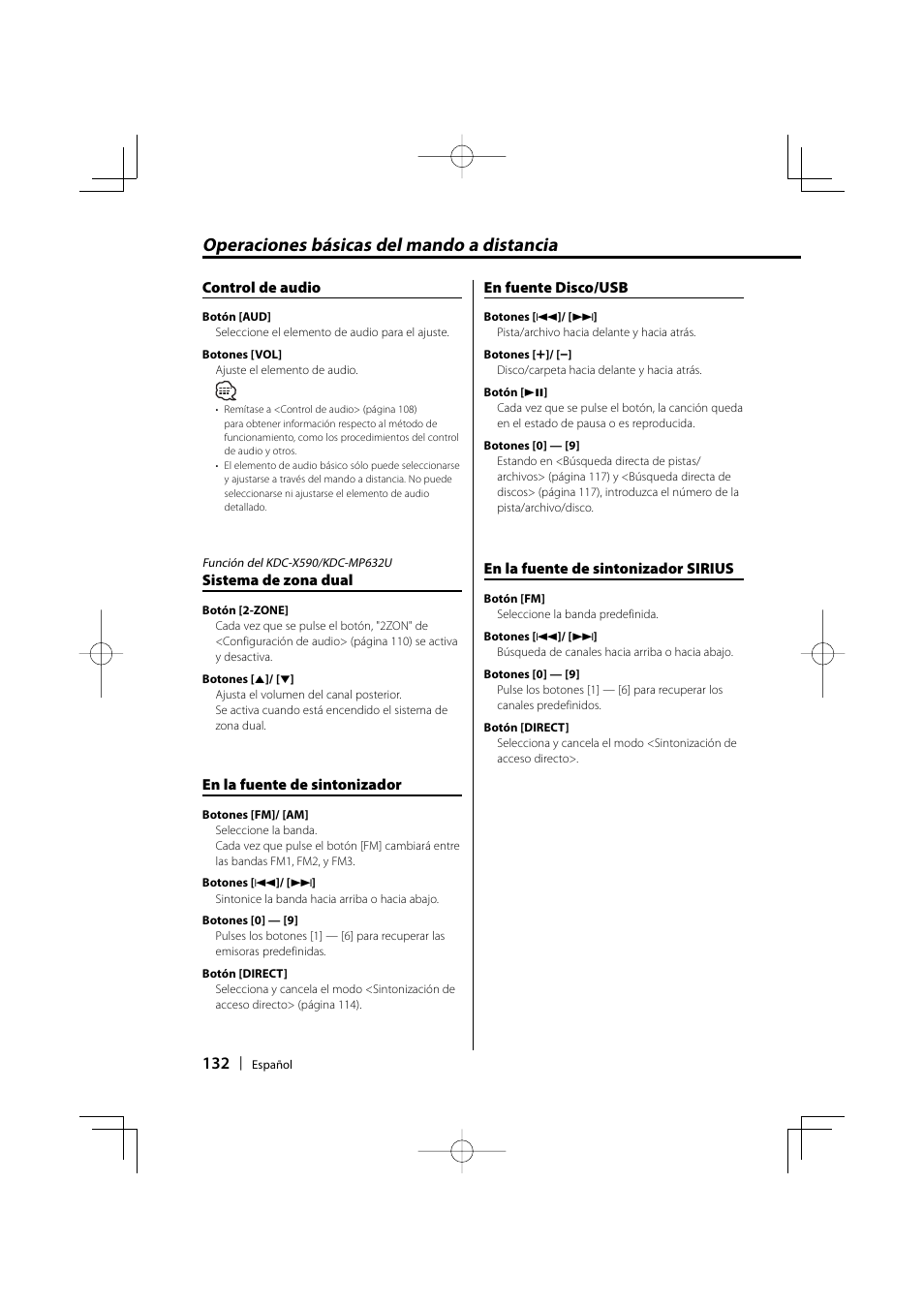 Operaciones básicas del mando a distancia | Kenwood eXcelon KDC-X590 User Manual | Page 132 / 144