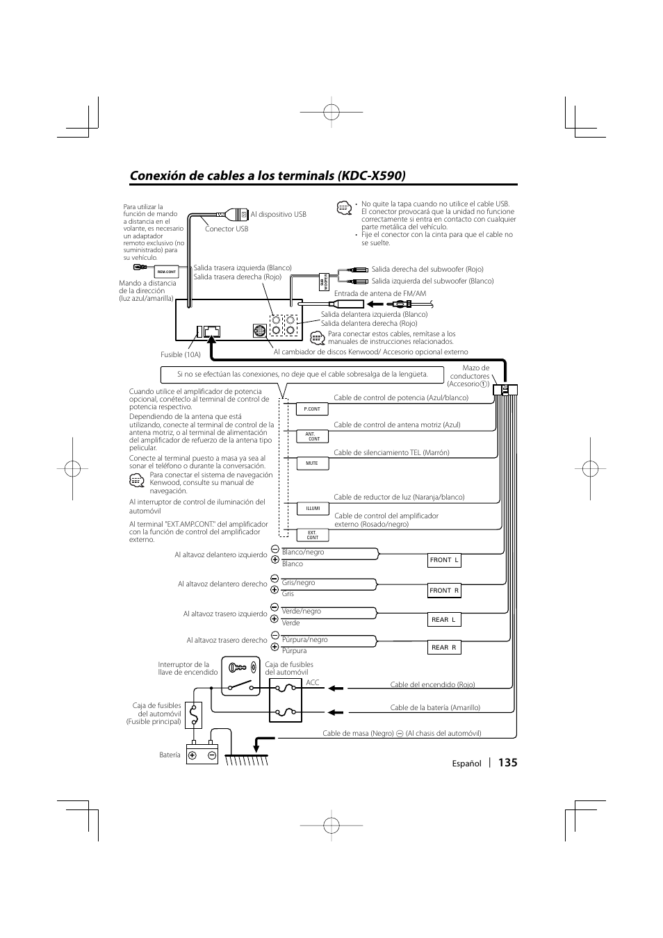 Conexión de cables a los terminals (kdc-x590) | Kenwood eXcelon KDC-X590 User Manual | Page 135 / 144