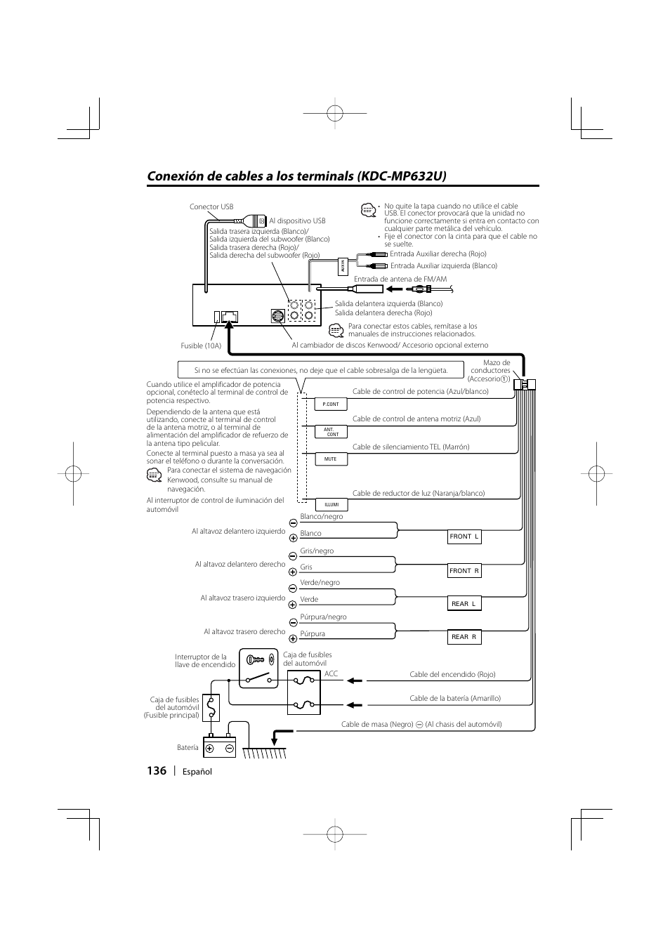 Conexión de cables a los terminals (kdc-mp632u) | Kenwood eXcelon KDC-X590 User Manual | Page 136 / 144