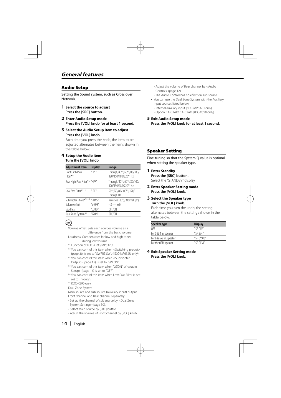 General features, Speaker setting, Audio setup | Kenwood eXcelon KDC-X590 User Manual | Page 14 / 144