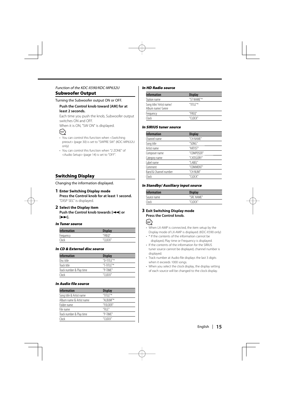 Subwoofer output, Switching display | Kenwood eXcelon KDC-X590 User Manual | Page 15 / 144