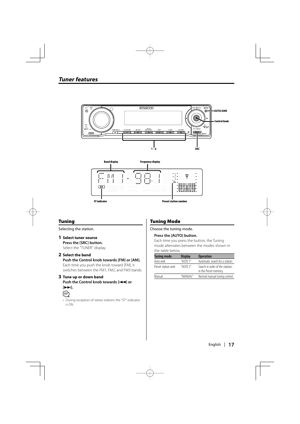 Tuner features, Tuning, Tuning mode | Kenwood eXcelon KDC-X590 User Manual | Page 17 / 144