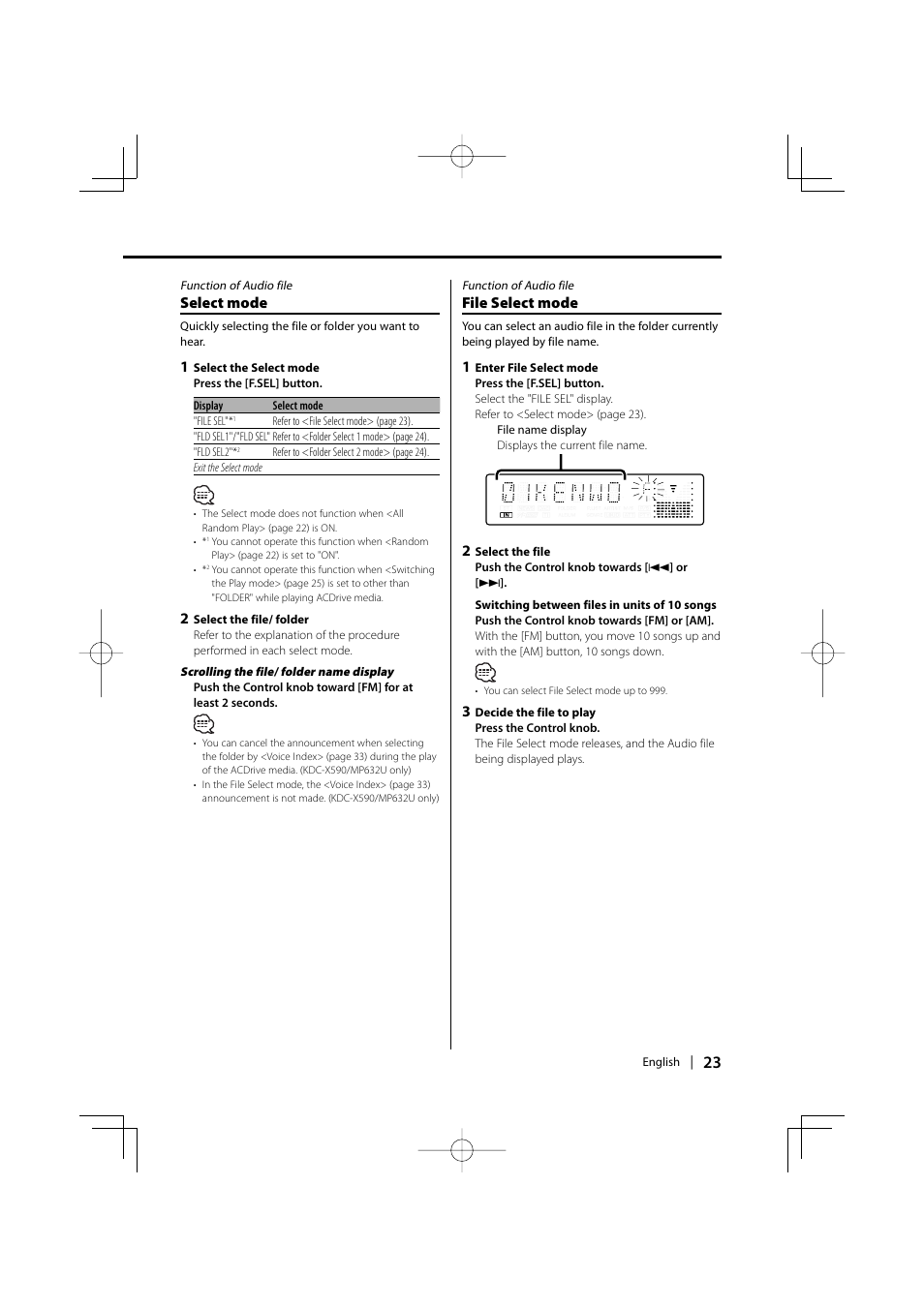 File select mode, Select mode | Kenwood eXcelon KDC-X590 User Manual | Page 23 / 144