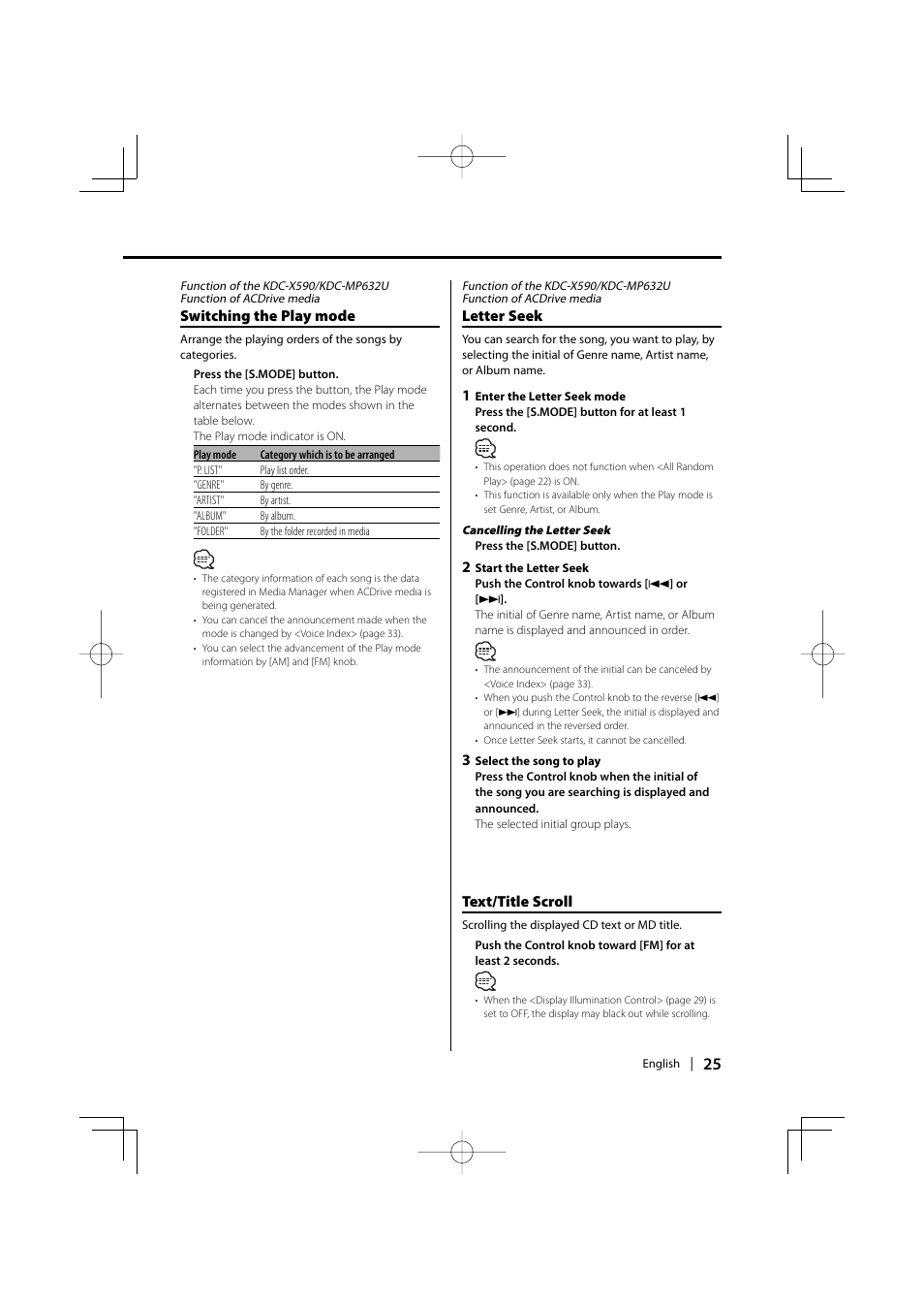 Switching the play mode, Letter seek, Text/title scroll | Kenwood eXcelon KDC-X590 User Manual | Page 25 / 144