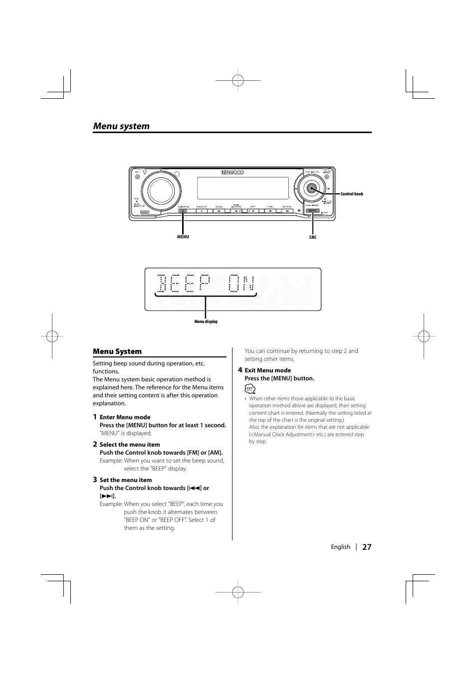 Menu system | Kenwood eXcelon KDC-X590 User Manual | Page 27 / 144