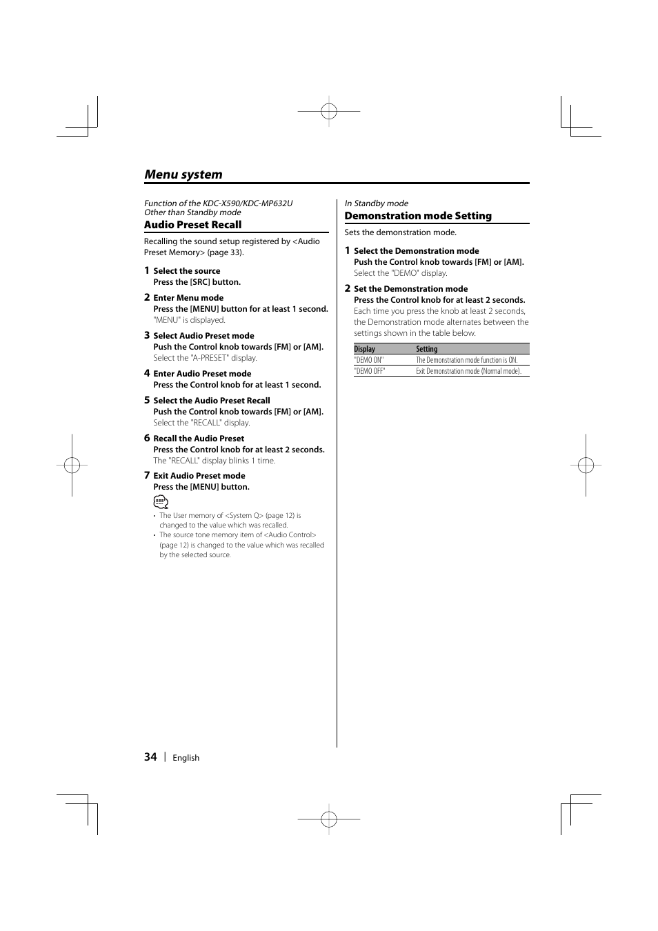 Menu system | Kenwood eXcelon KDC-X590 User Manual | Page 34 / 144