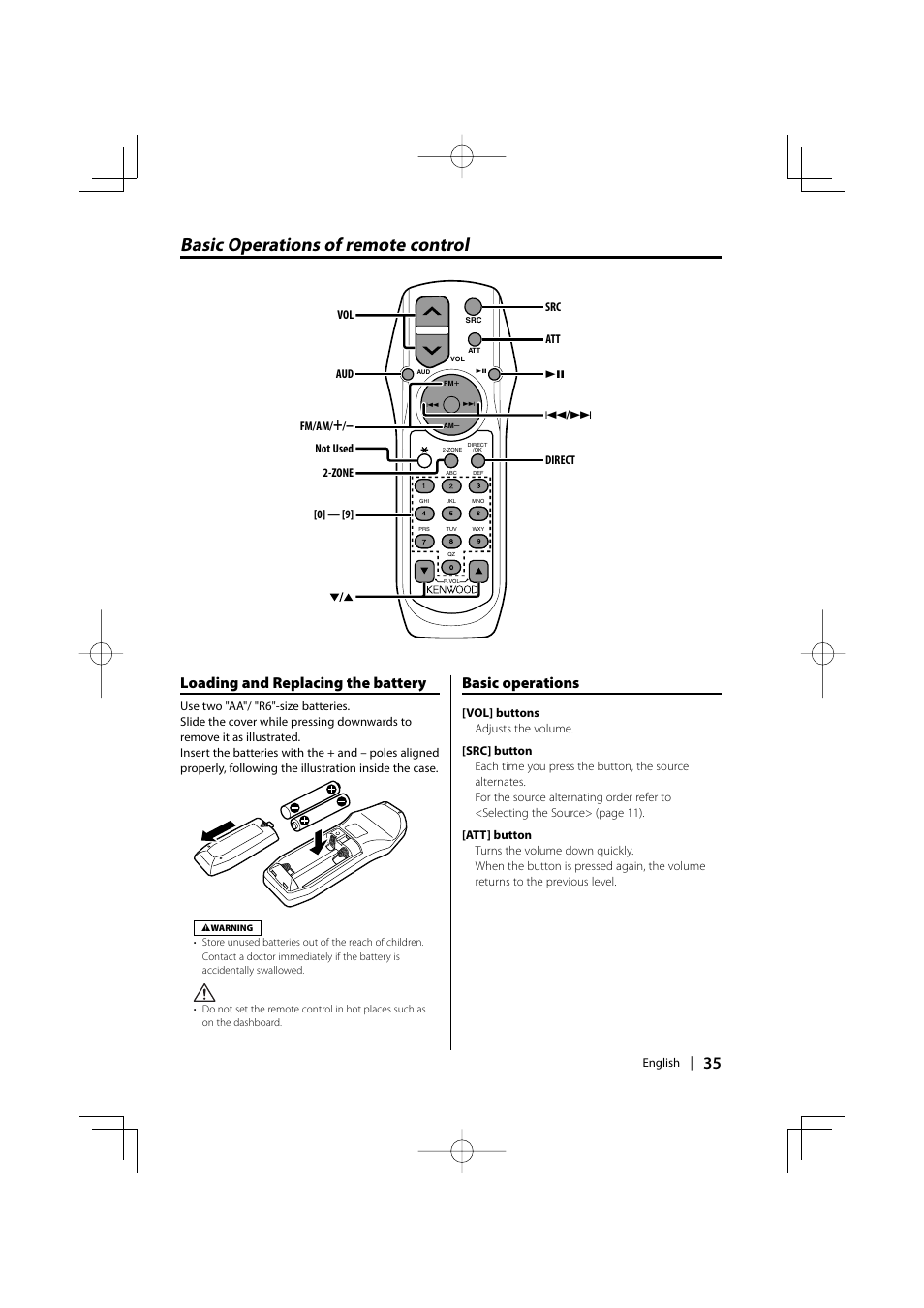 Basic operations of remote control, Loading and replacing the battery, Basic operations | Kenwood eXcelon KDC-X590 User Manual | Page 35 / 144