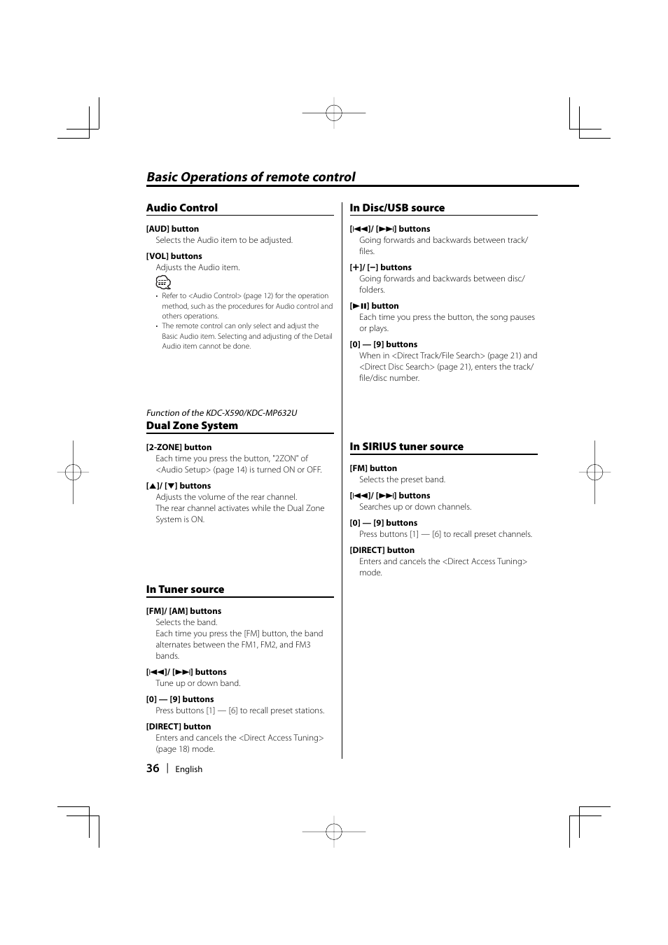 Basic operations of remote control | Kenwood eXcelon KDC-X590 User Manual | Page 36 / 144