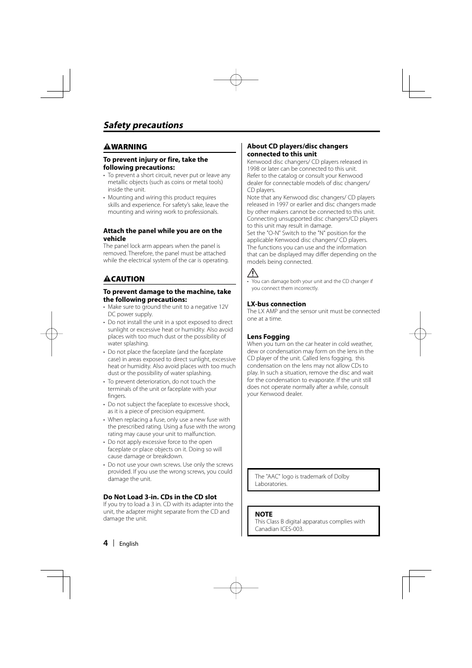 Safety precautions | Kenwood eXcelon KDC-X590 User Manual | Page 4 / 144