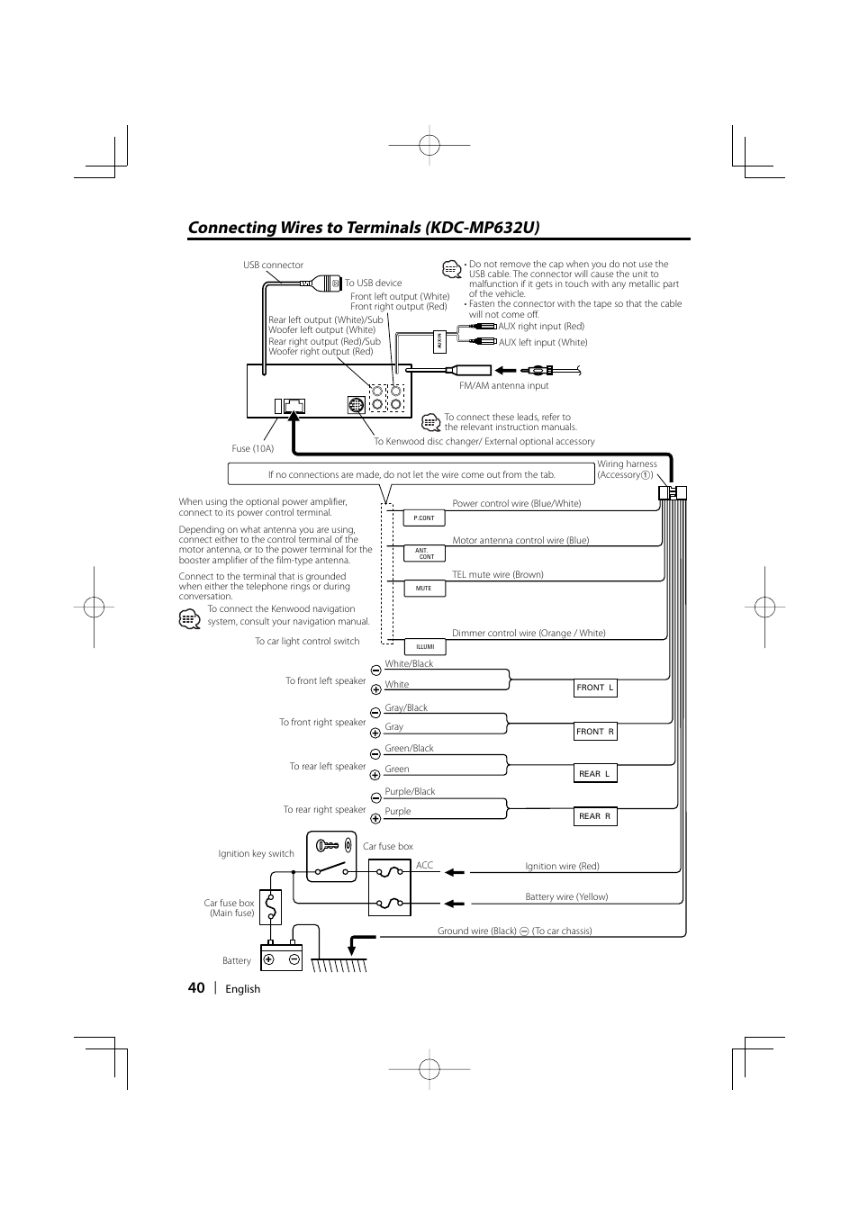 Connecting wires to terminals (kdc-mp632u) | Kenwood eXcelon KDC-X590 User Manual | Page 40 / 144