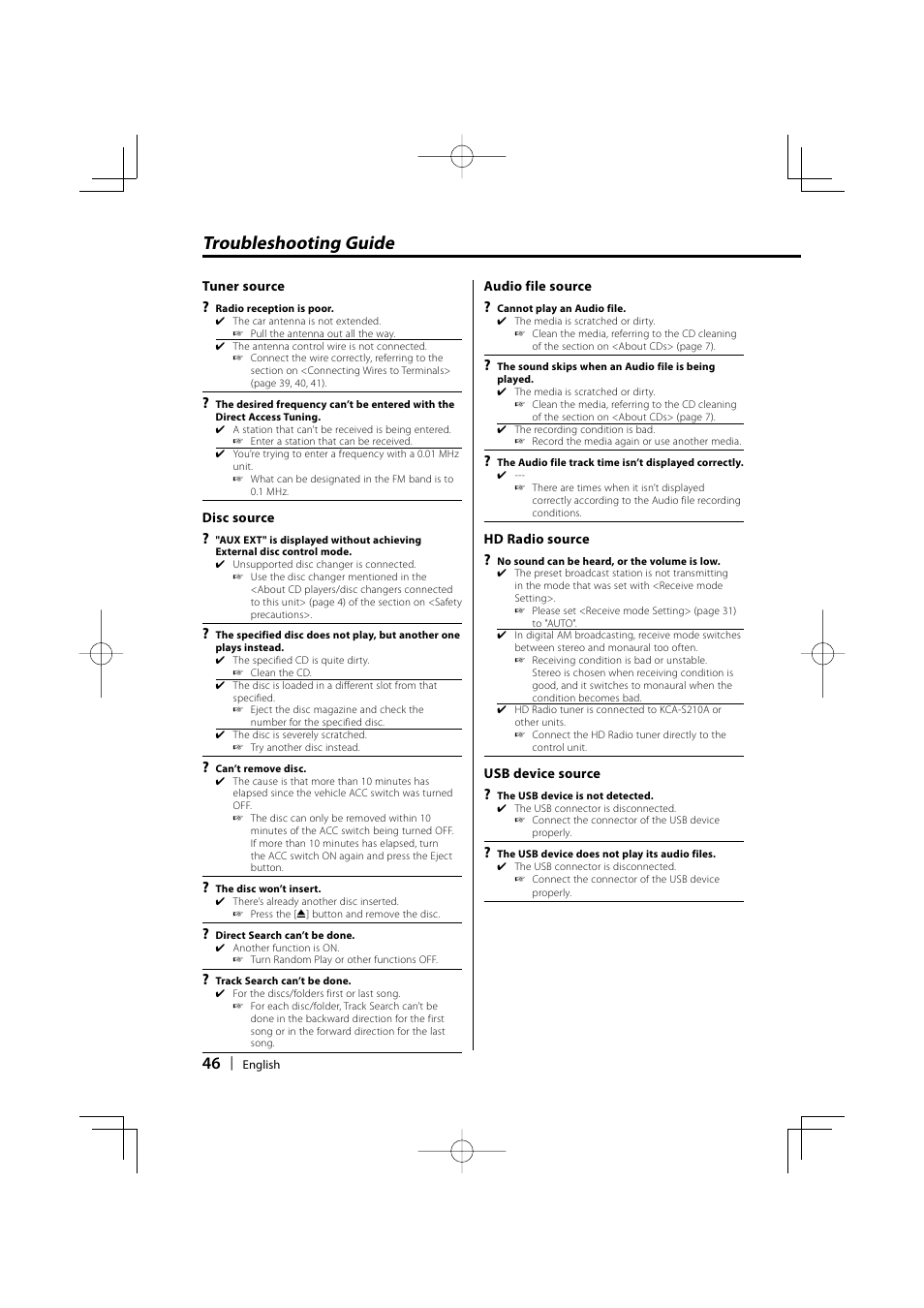 Troubleshooting guide | Kenwood eXcelon KDC-X590 User Manual | Page 46 / 144