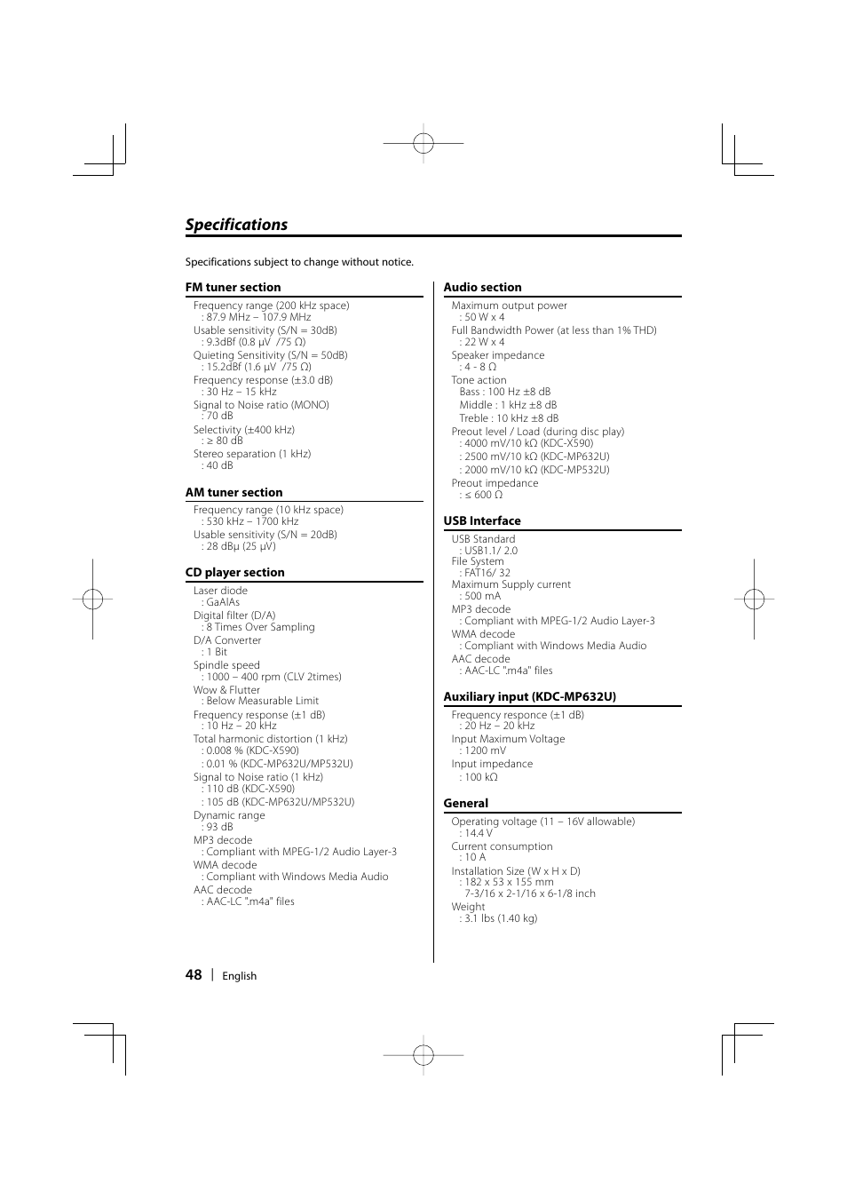 Specifications | Kenwood eXcelon KDC-X590 User Manual | Page 48 / 144