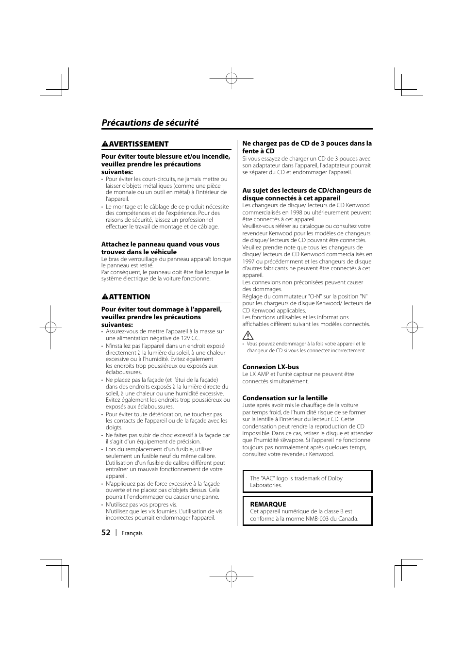 Précautions de sécurité | Kenwood eXcelon KDC-X590 User Manual | Page 52 / 144