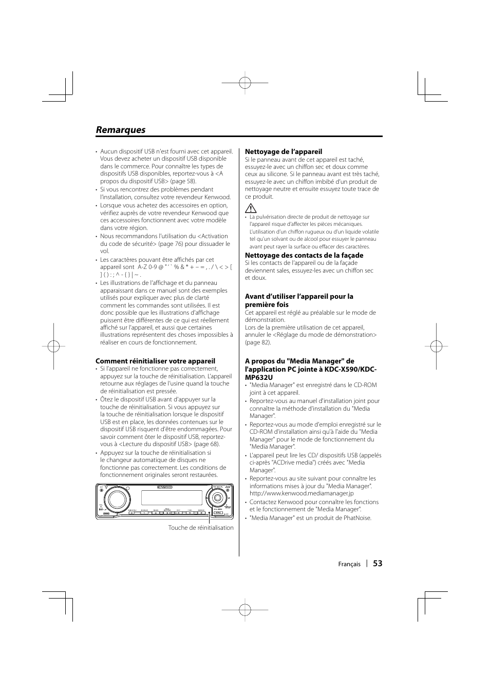 Remarques | Kenwood eXcelon KDC-X590 User Manual | Page 53 / 144