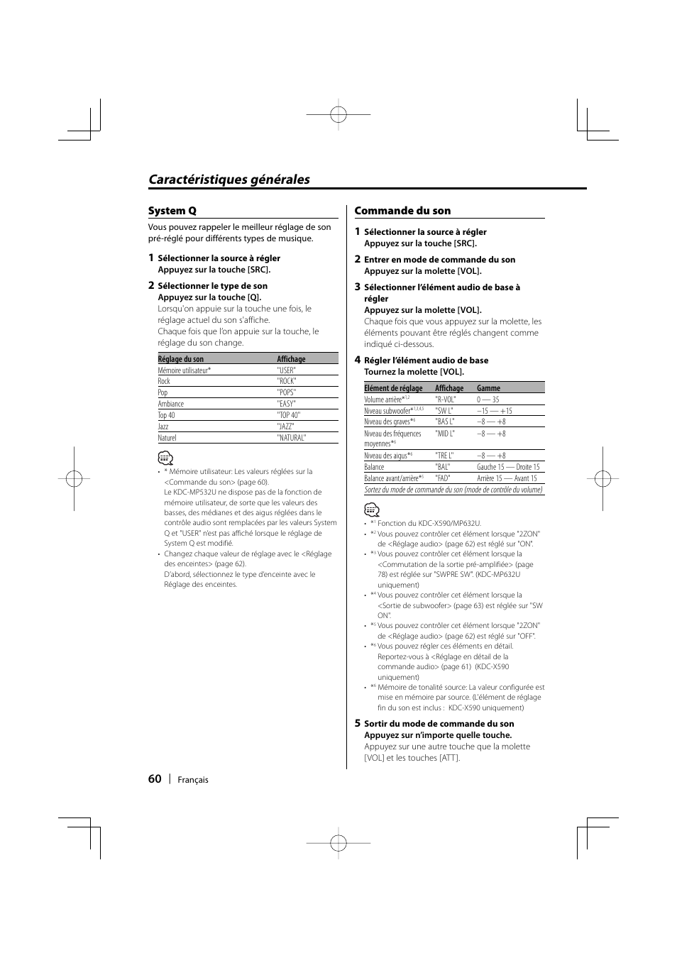 Caractéristiques générales, System q, Commande du son 1 | Kenwood eXcelon KDC-X590 User Manual | Page 60 / 144