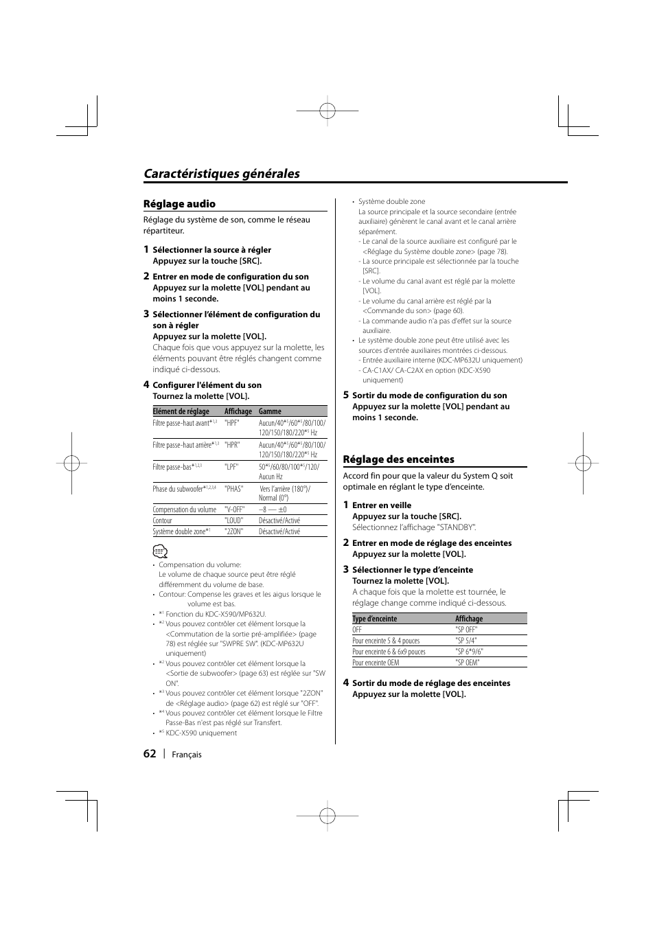 Caractéristiques générales, Réglage des enceintes, Réglage audio | Kenwood eXcelon KDC-X590 User Manual | Page 62 / 144