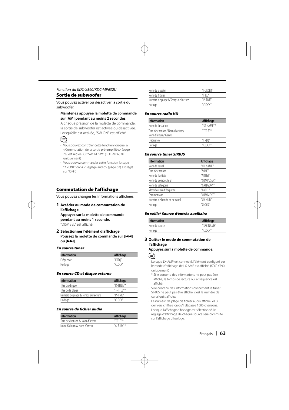 Sortie de subwoofer, Commutation de l’affichage | Kenwood eXcelon KDC-X590 User Manual | Page 63 / 144