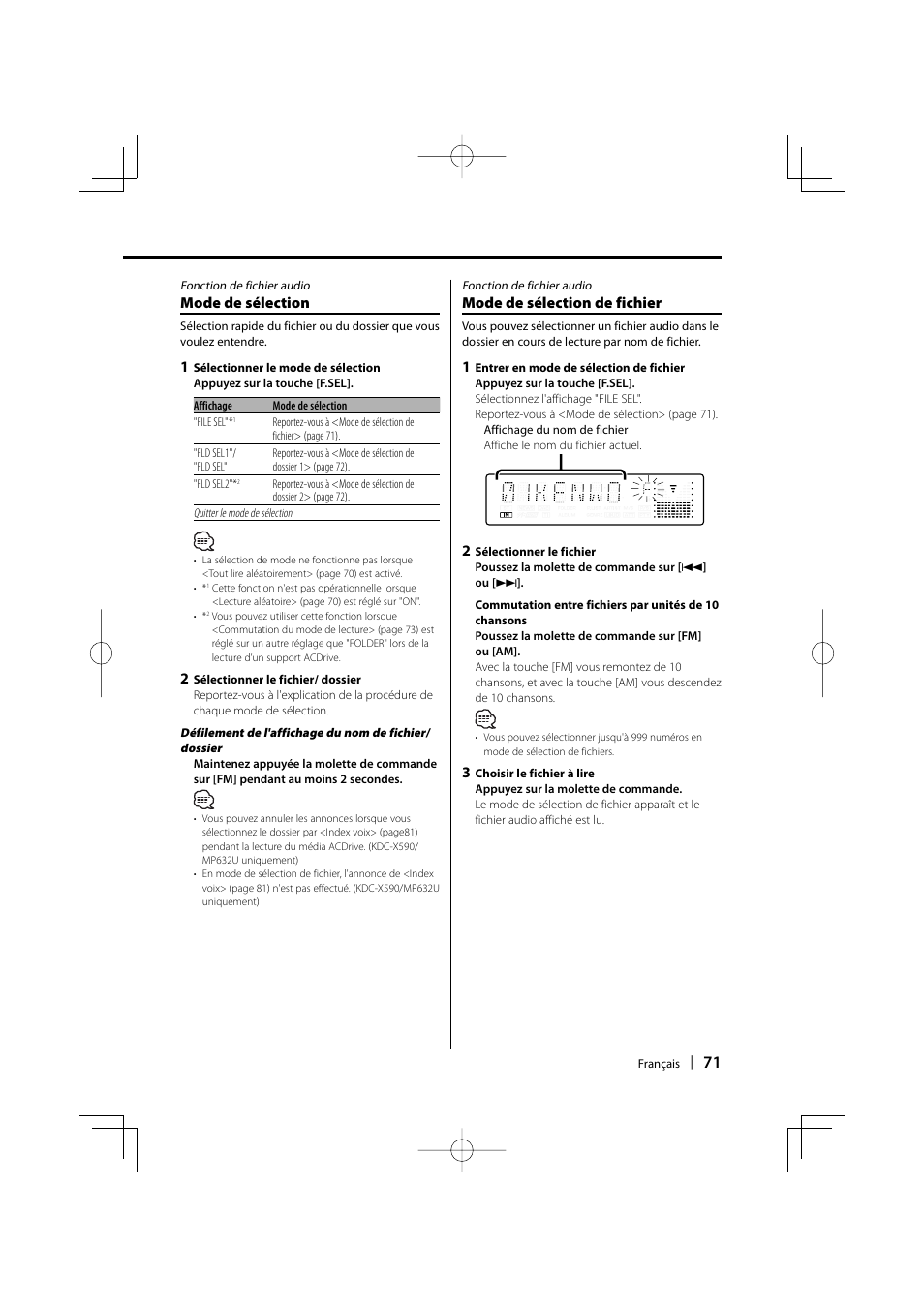 Mode de sélection de fichier, Mode de sélection | Kenwood eXcelon KDC-X590 User Manual | Page 71 / 144