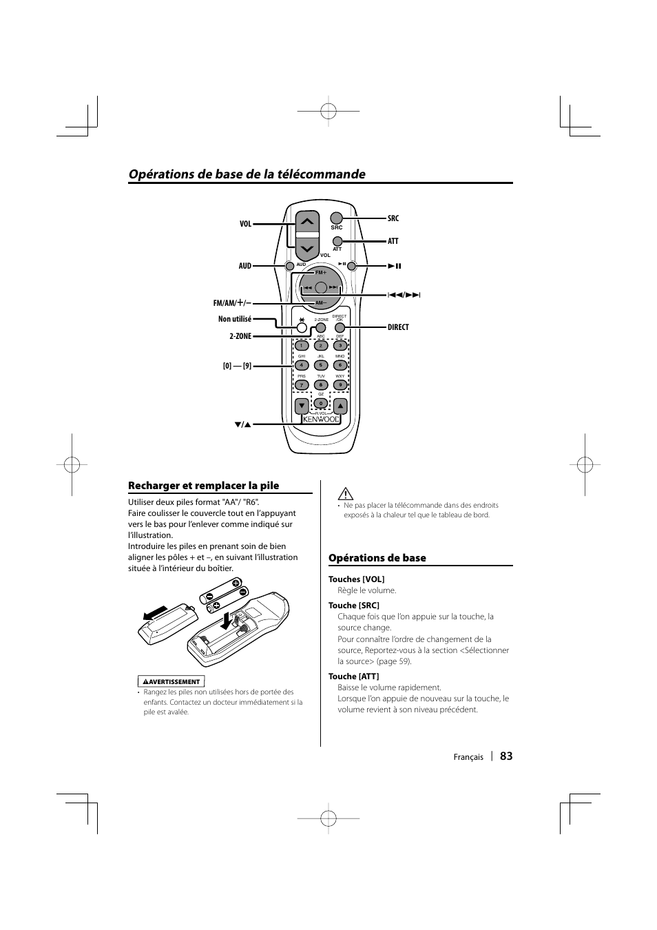 Opérations de base de la télécommande, Recharger et remplacer la pile, Opérations de base | Kenwood eXcelon KDC-X590 User Manual | Page 83 / 144