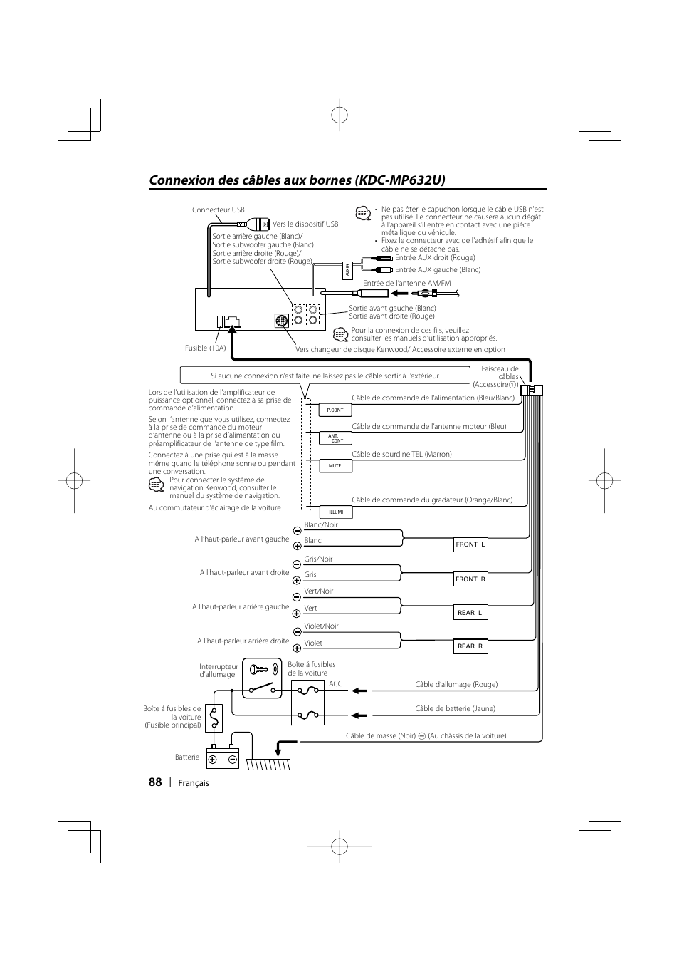 Connexion des câbles aux bornes (kdc-mp632u) | Kenwood eXcelon KDC-X590 User Manual | Page 88 / 144