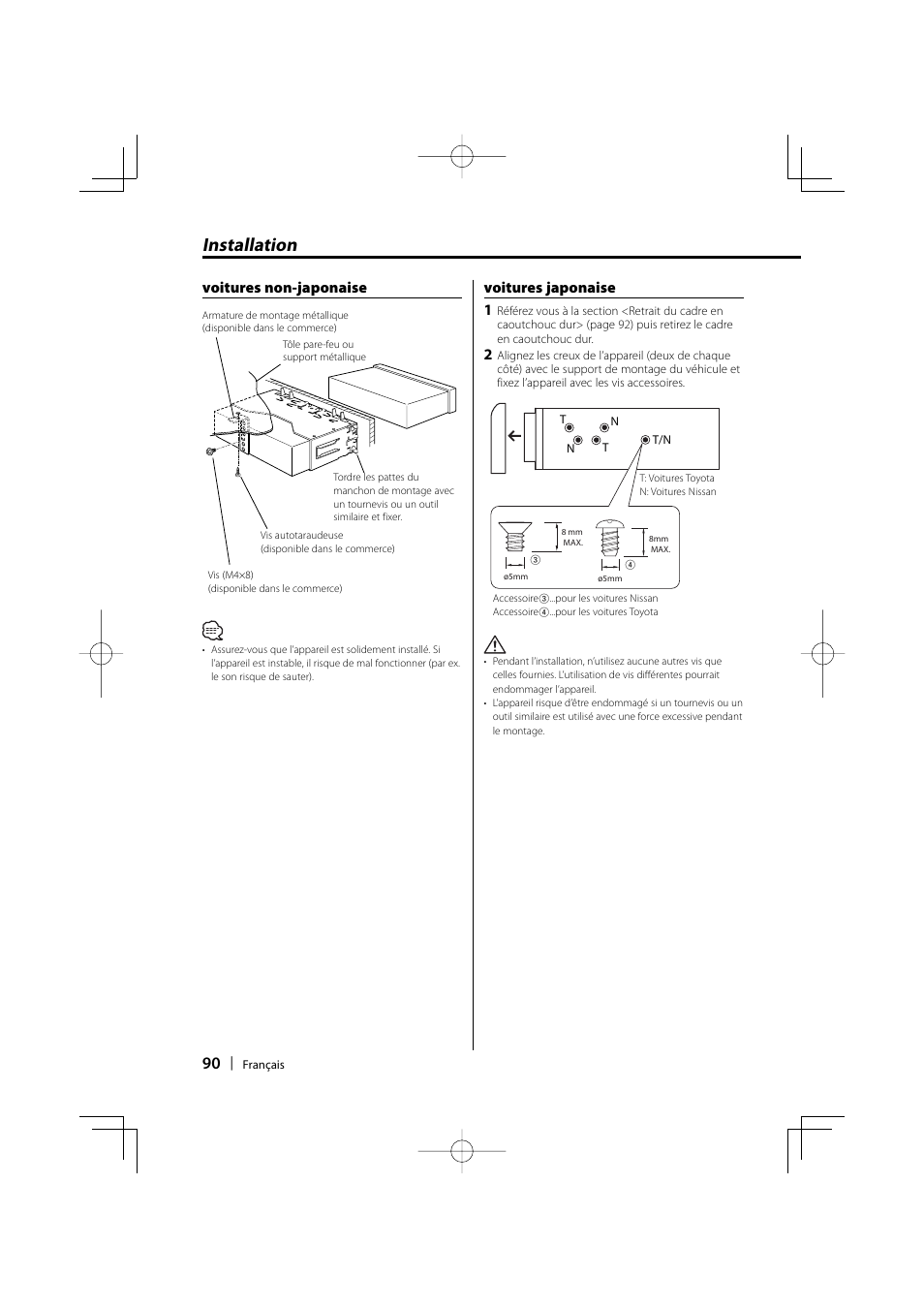 Installation, Voitures non-japonaise voitures japonaise 1 | Kenwood eXcelon KDC-X590 User Manual | Page 90 / 144