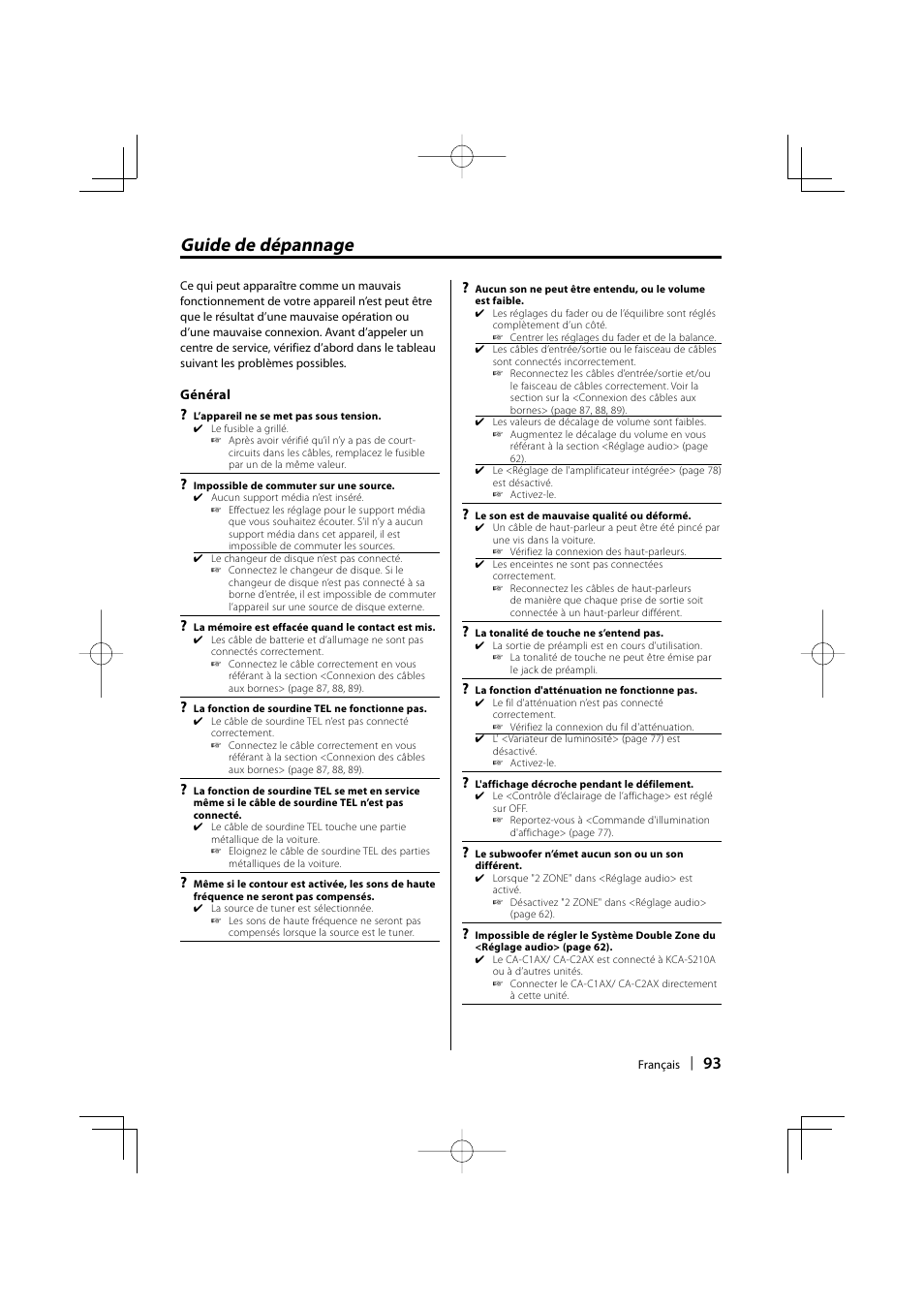 Guide de dépannage | Kenwood eXcelon KDC-X590 User Manual | Page 93 / 144