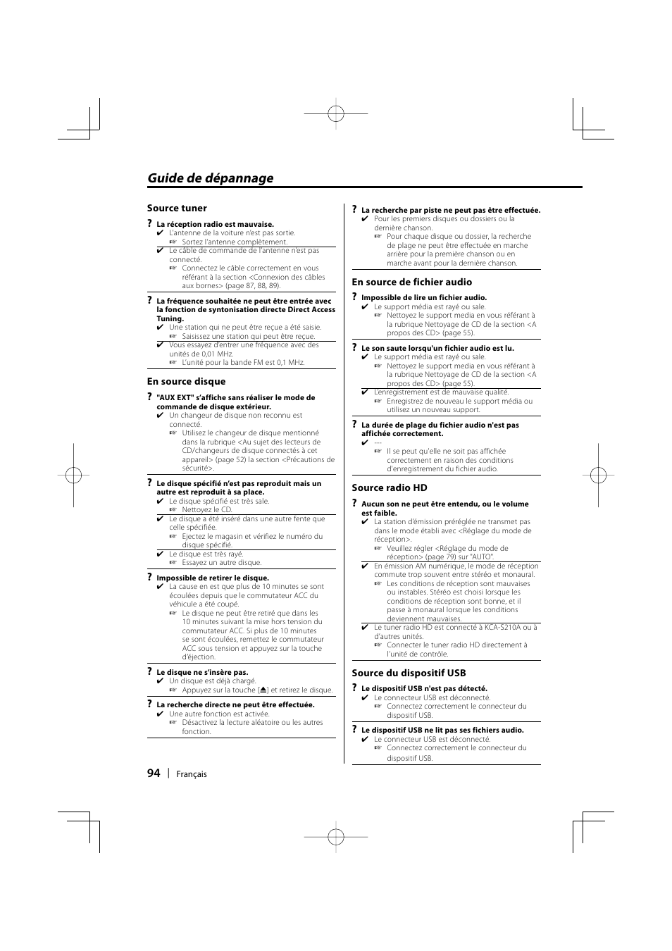 Guide de dépannage | Kenwood eXcelon KDC-X590 User Manual | Page 94 / 144