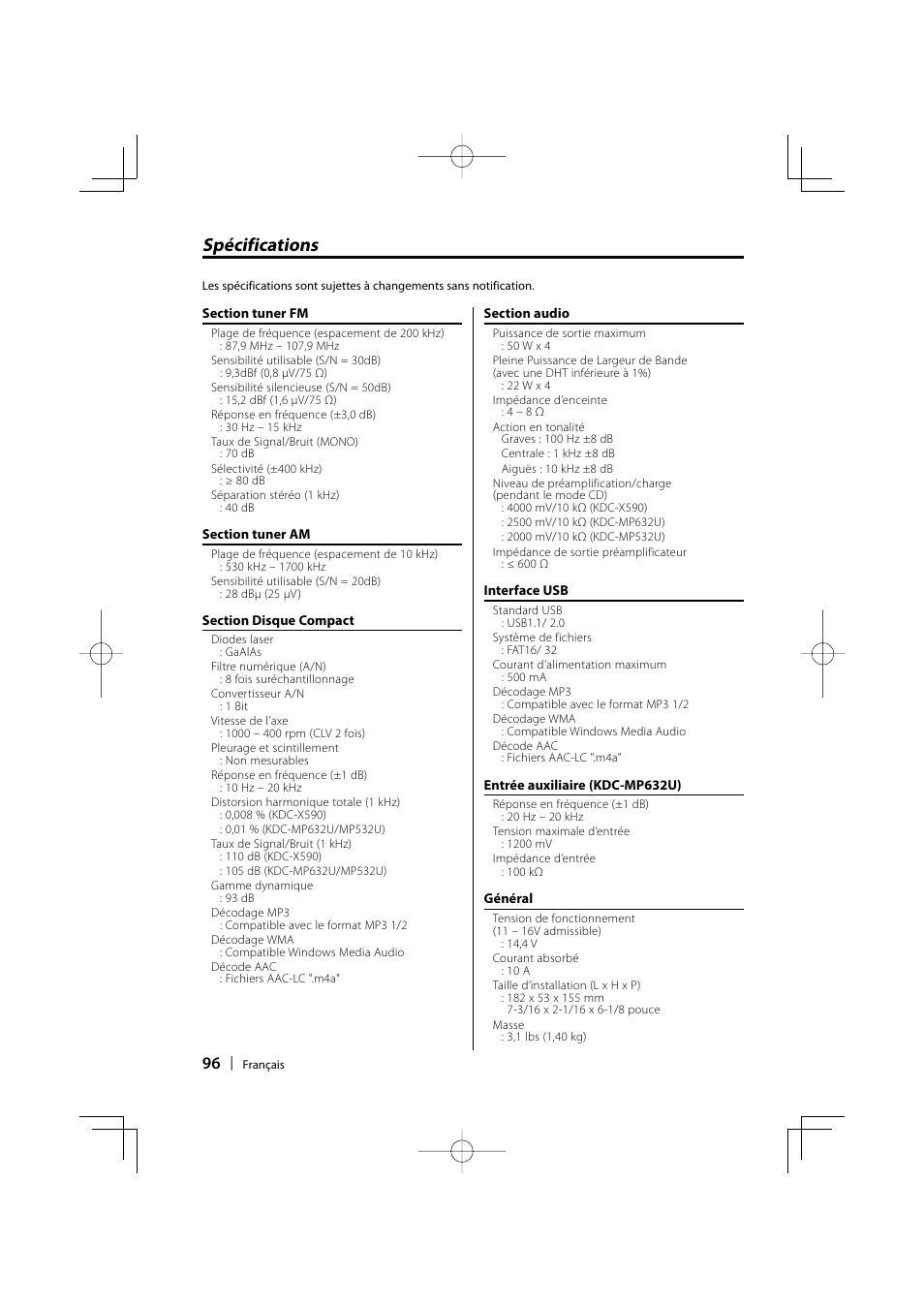 Spécifications | Kenwood eXcelon KDC-X590 User Manual | Page 96 / 144