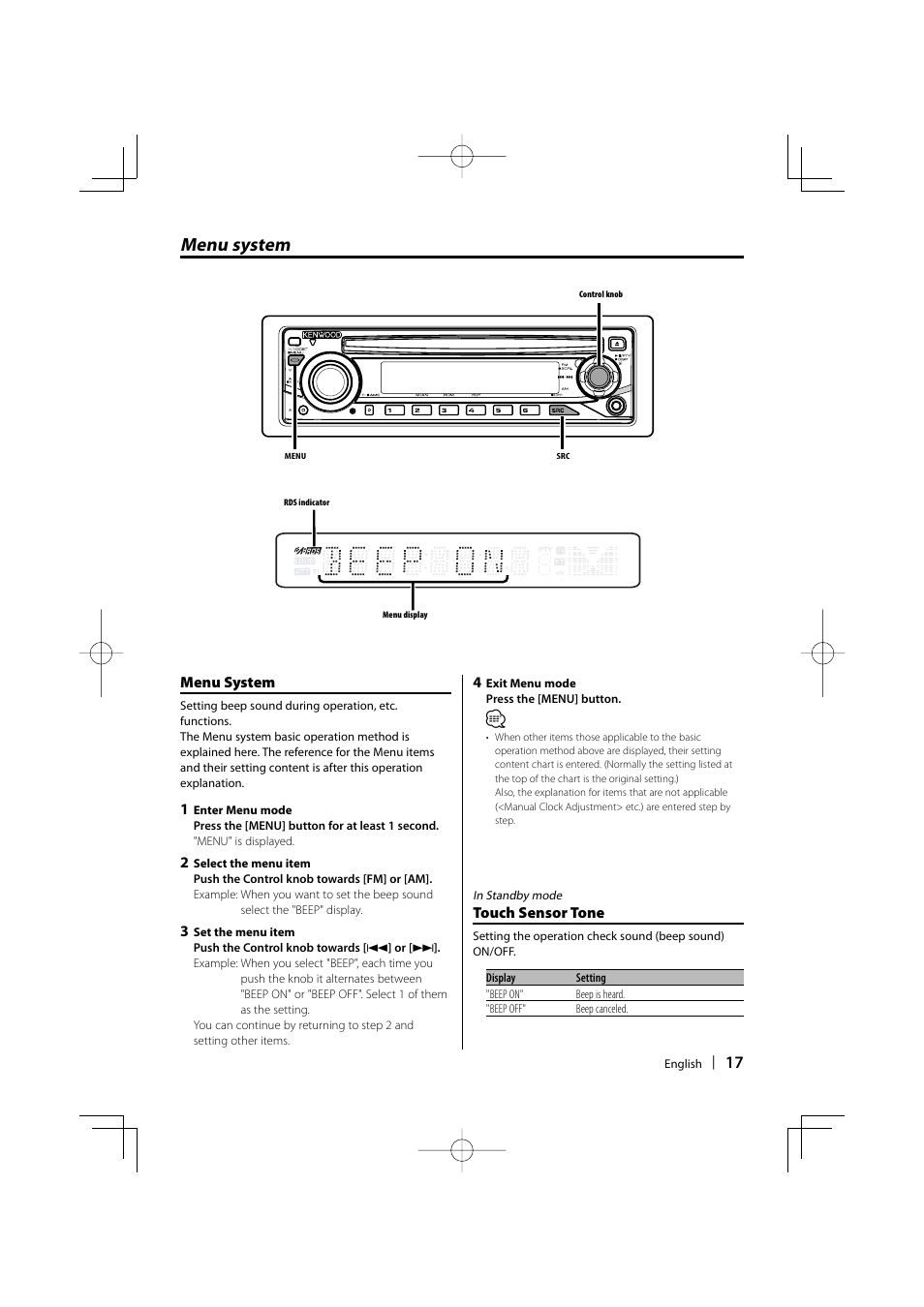 Menu system | Kenwood KDC-237 User Manual | Page 17 / 28