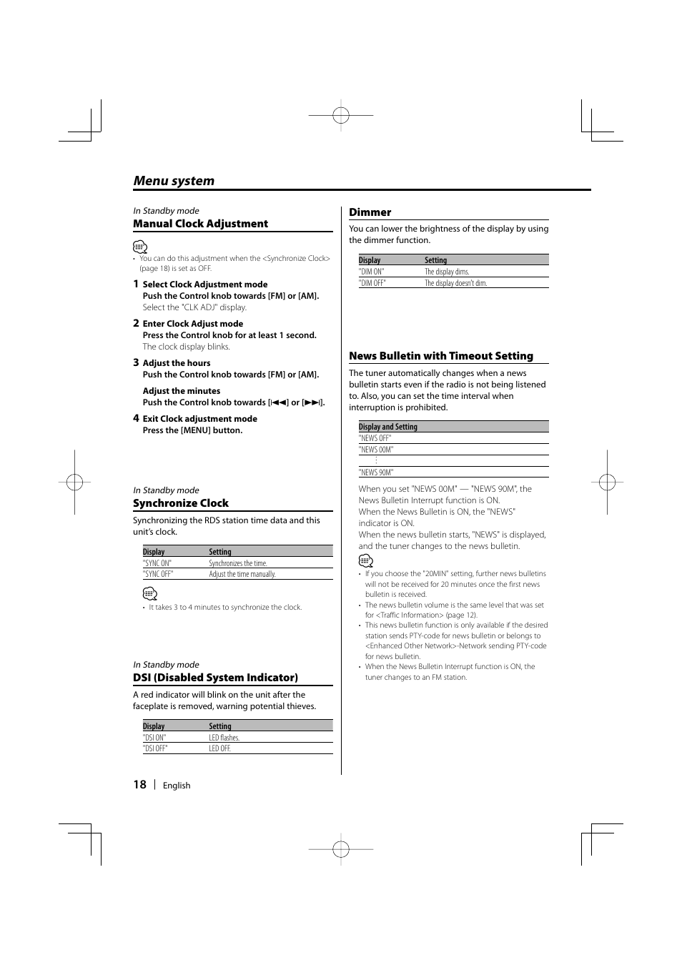 Menu system | Kenwood KDC-237 User Manual | Page 18 / 28