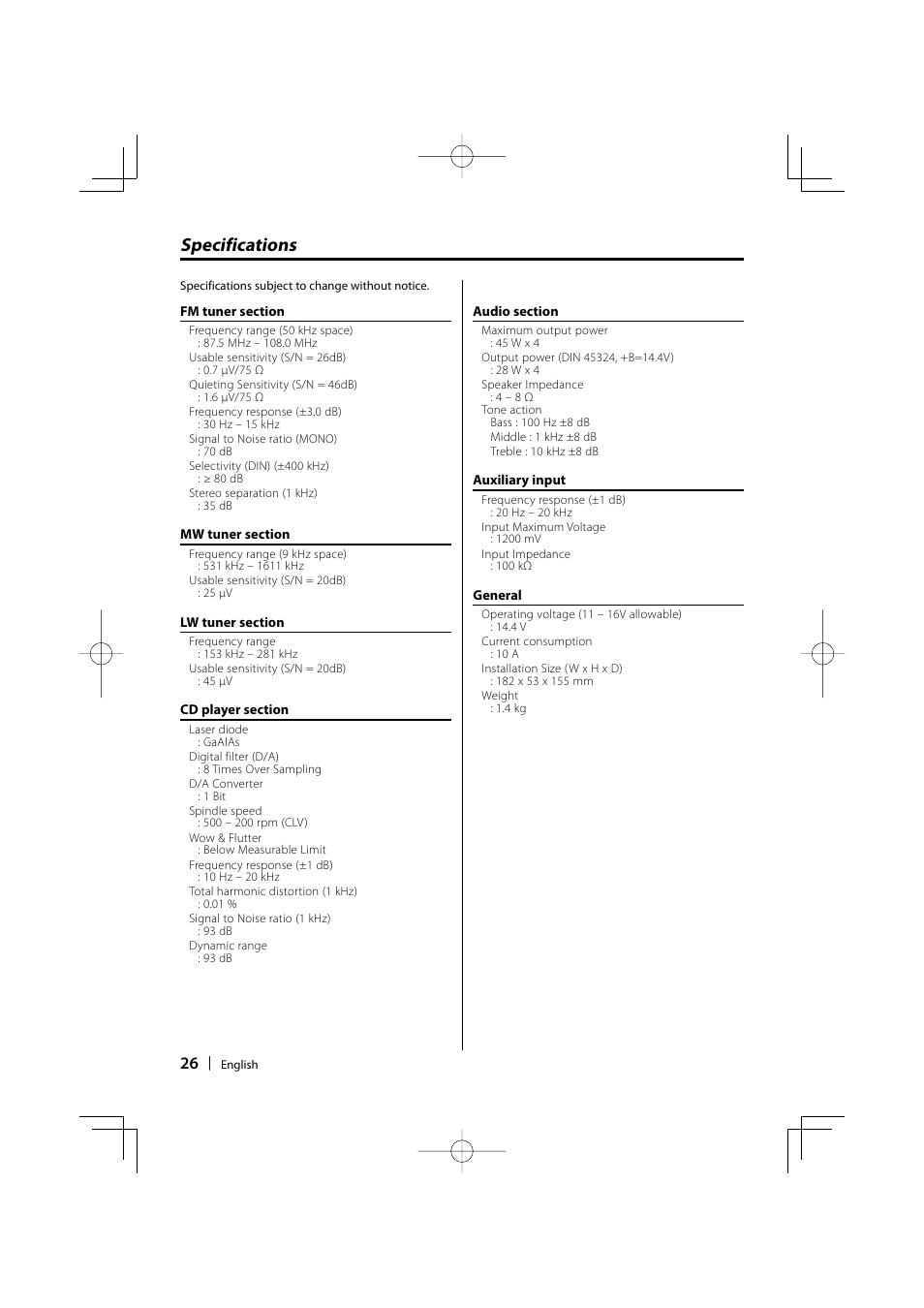 Specifications | Kenwood KDC-237 User Manual | Page 26 / 28