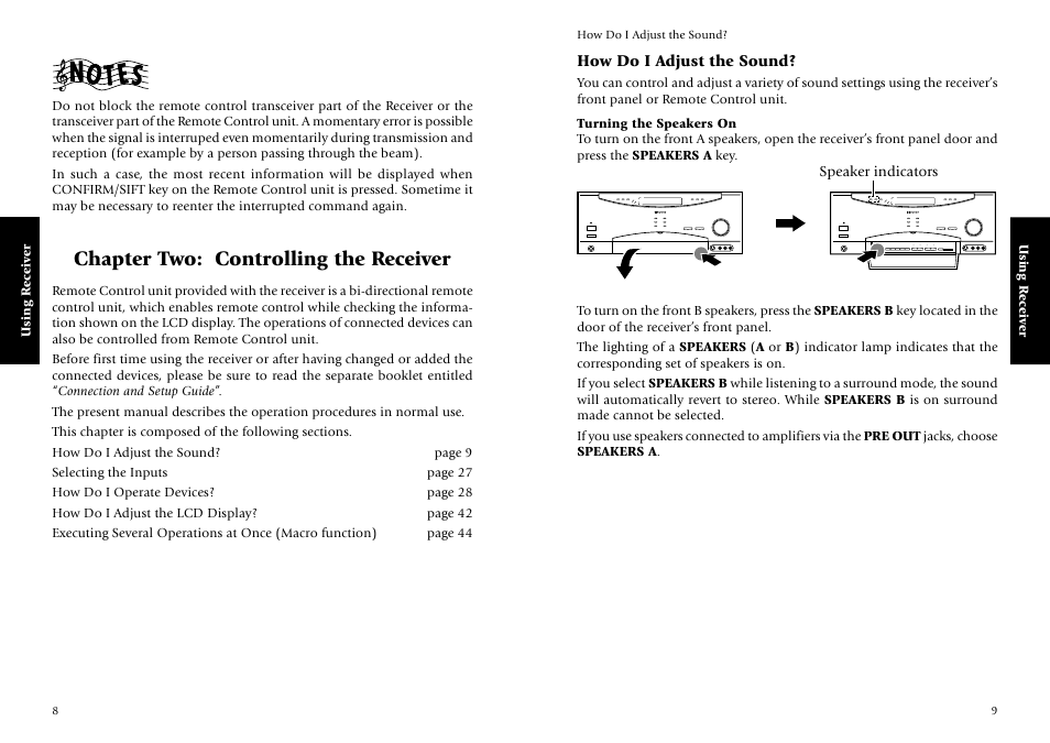 Chapter two: controlling the receiver, How do i adjust the sound, Turning the speakers on | Kenwood KRF-V7773D User Manual | Page 10 / 40