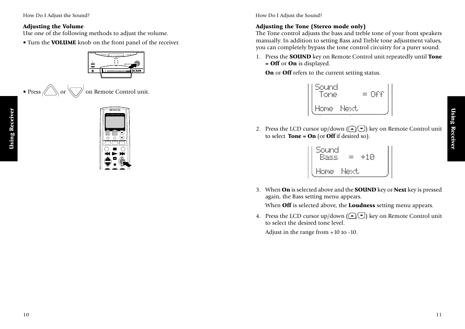 Adjusting the volume, Adjusting the tone (stereo mode only) | Kenwood KRF-V7773D User Manual | Page 11 / 40