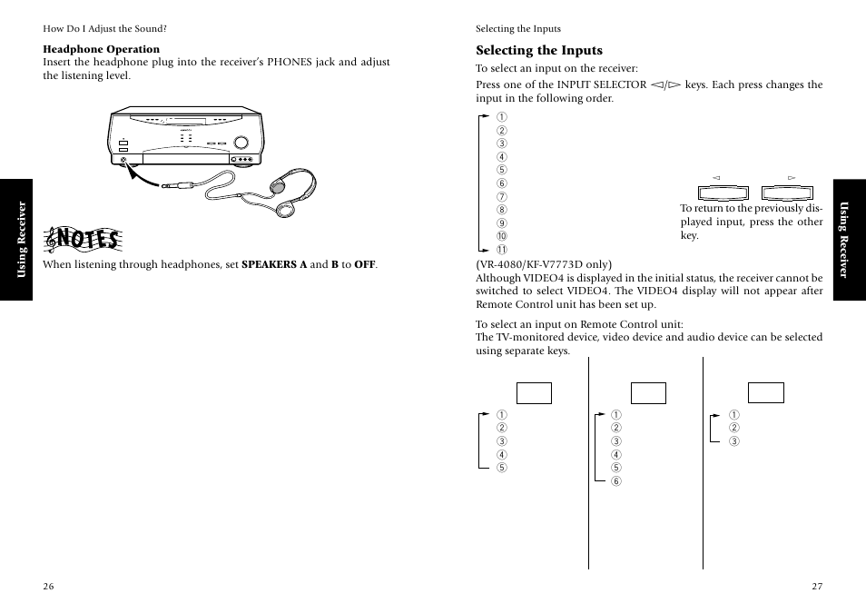 Headphone operation, Selecting the inputs | Kenwood KRF-V7773D User Manual | Page 19 / 40