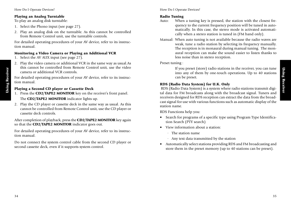 Playing an analog turntable, Playing a second cd player or cassette deck, Radio tuning | Rds (radio data system) for u.k. only | Kenwood KRF-V7773D User Manual | Page 23 / 40