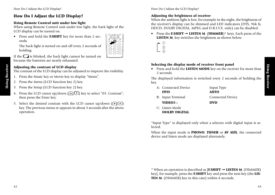 How do i adjust the lcd display, Using remote control unit under low light, Adjusting the contrast of lcd display | Adjusting the brightness of receiver, Selecting the display mode of receiver front panel | Kenwood KRF-V7773D User Manual | Page 27 / 40
