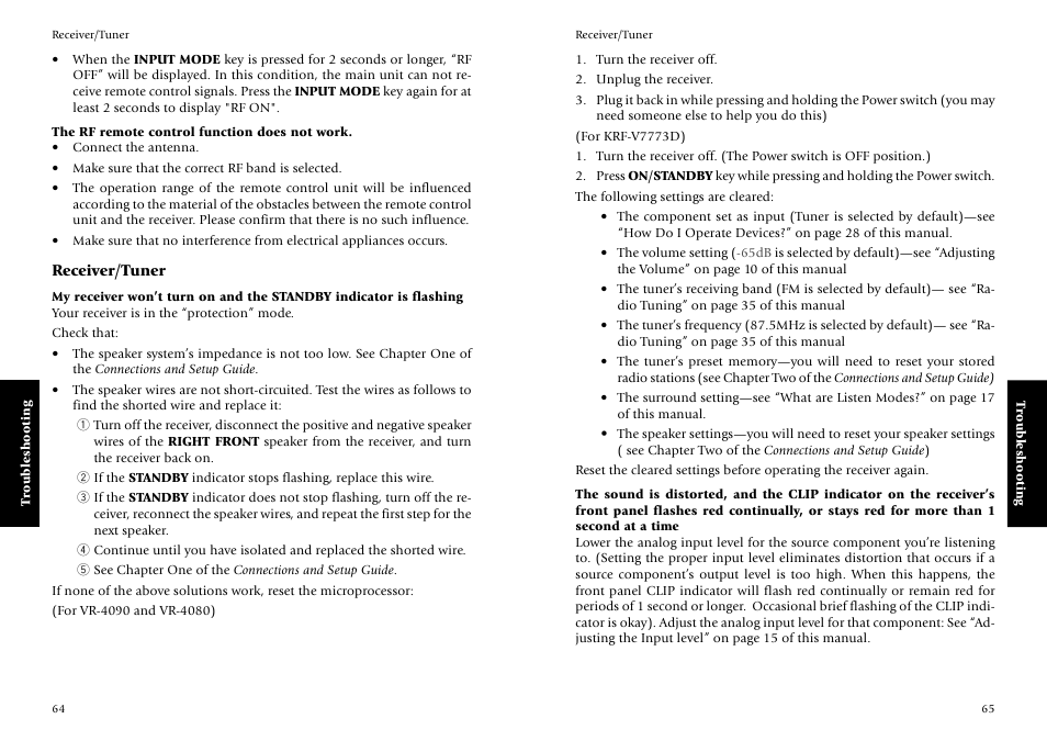 The rf remote control function does not work, Receiver/tuner | Kenwood KRF-V7773D User Manual | Page 38 / 40