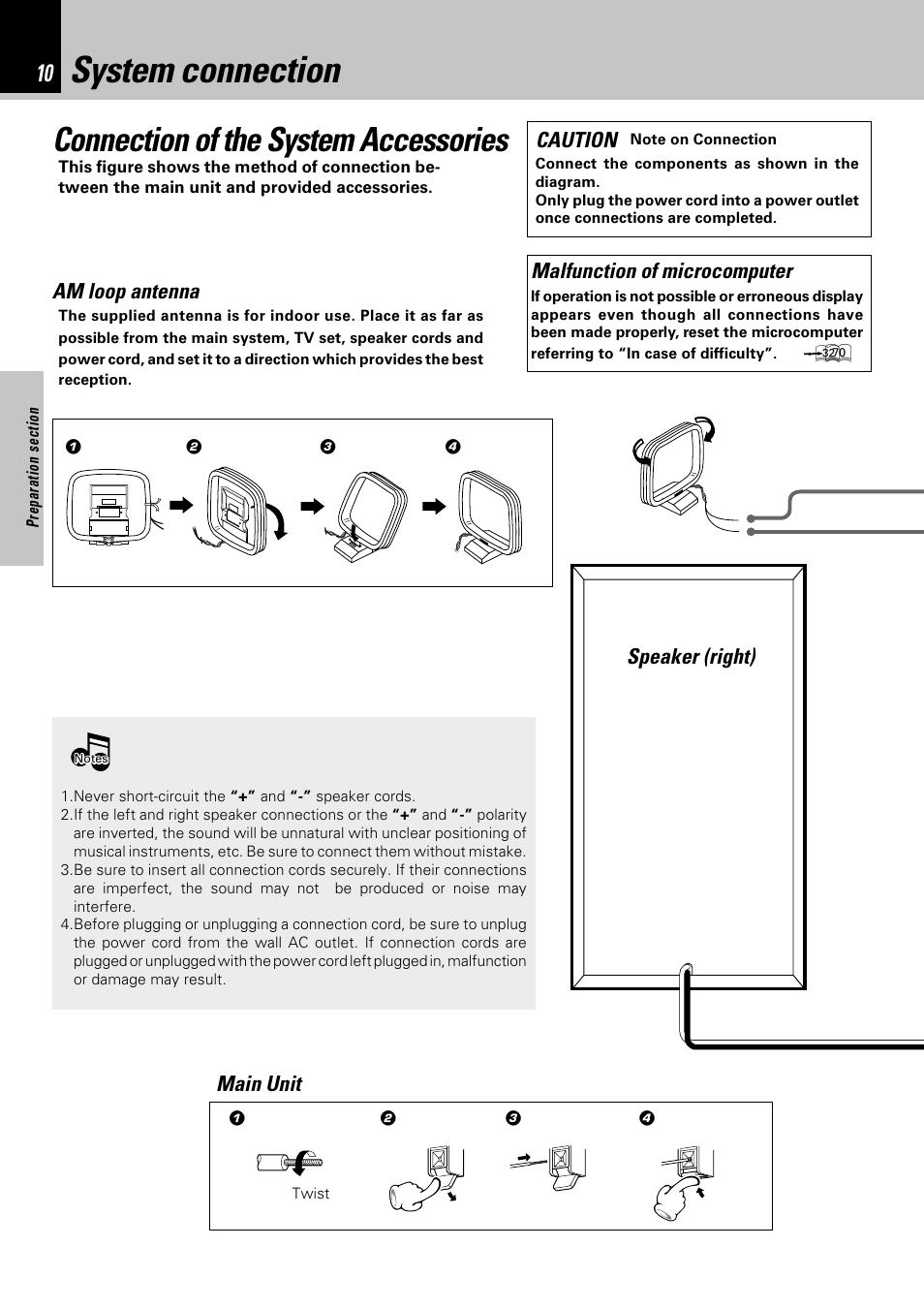 System connection, Connection of the system accessories, Malfunction of microcomputer | Am loop antenna, Speaker (right) main unit caution | Kenwood HM-381MD User Manual | Page 10 / 76