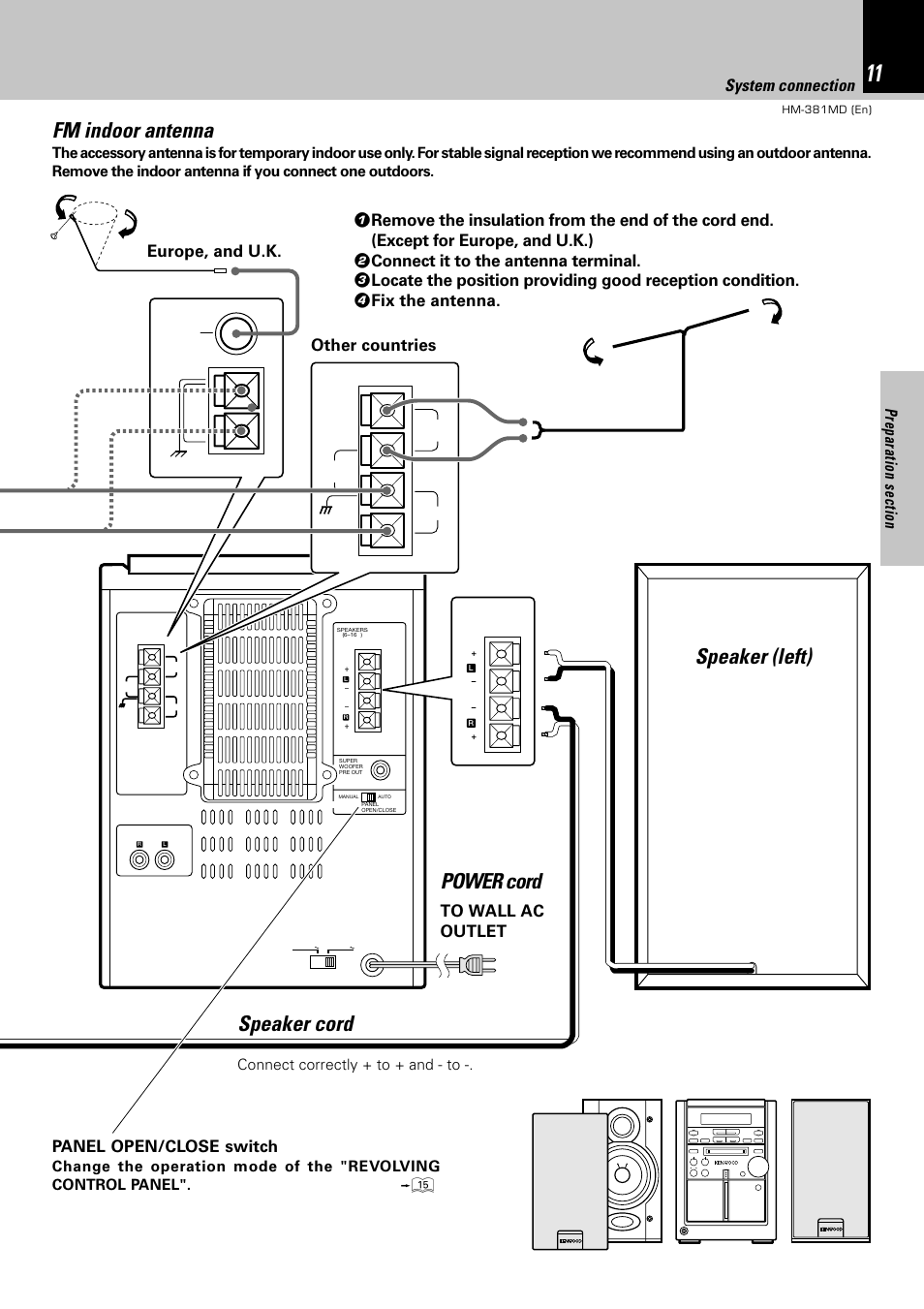 Fm indoor antenna, Speaker (left) speaker cord power cord, System connection | Connect correctly + to + and - to | Kenwood HM-381MD User Manual | Page 11 / 76