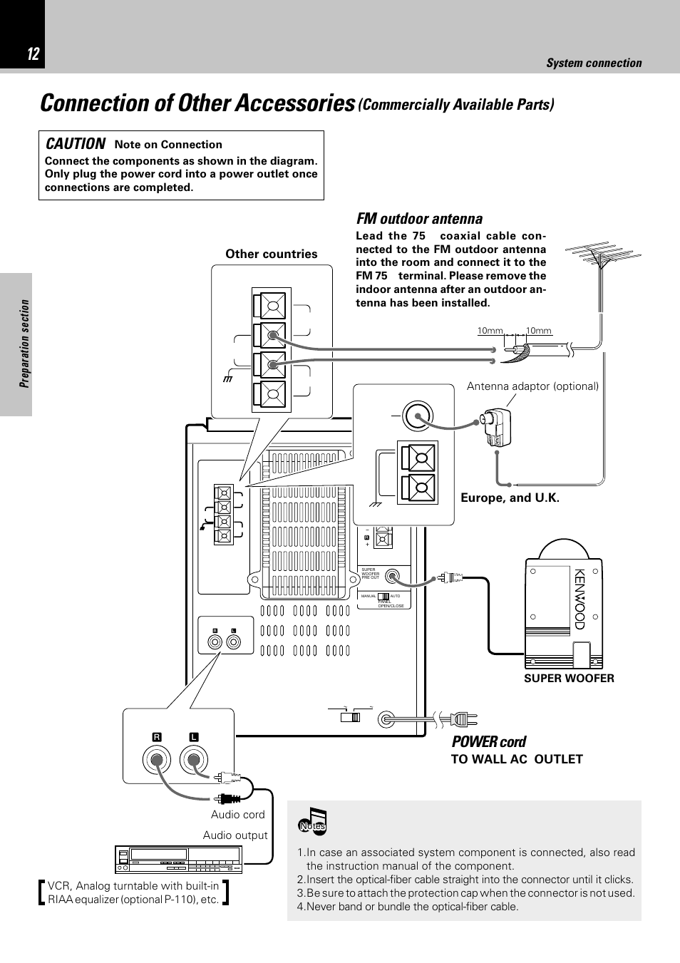 Connection of other accessories, Commercially available parts) fm outdoor antenna, Power cord | Caution, Europe, and u.k, Other countries | Kenwood HM-381MD User Manual | Page 12 / 76