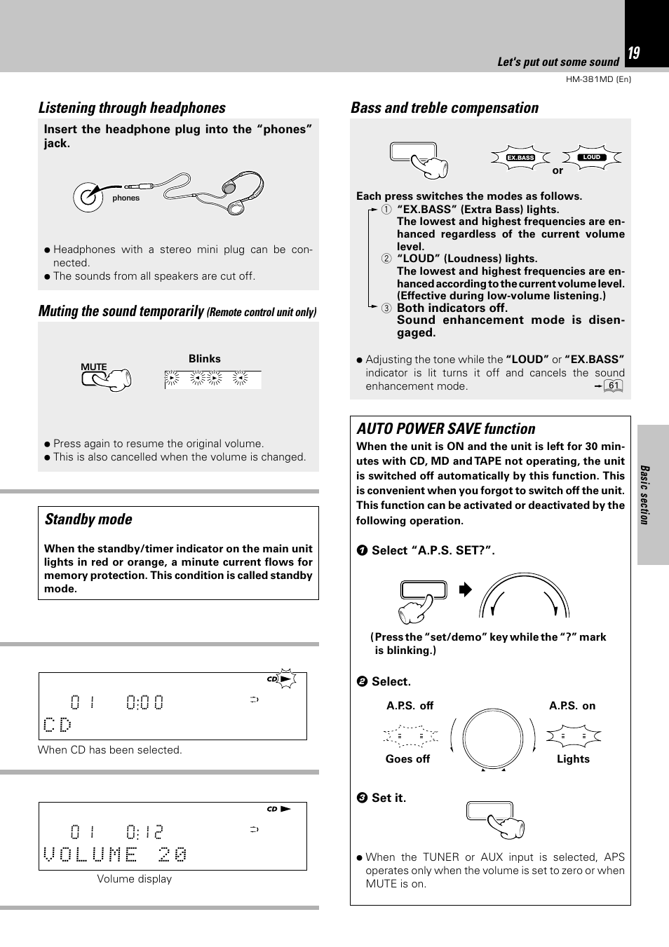 Listening through headphones, Muting the sound temporarily, Bass and treble compensation | Auto power save function, Standby mode, Insert the headphone plug into the “phones” jack, Remote control unit only), Let's put out some sound | Kenwood HM-381MD User Manual | Page 19 / 76