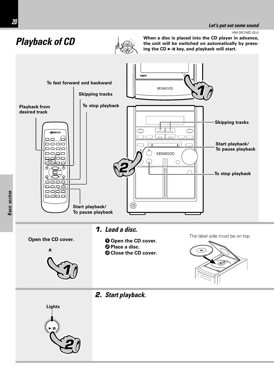 Playback of cd, Load a disc, Start playback | Kenwood HM-381MD User Manual | Page 20 / 76