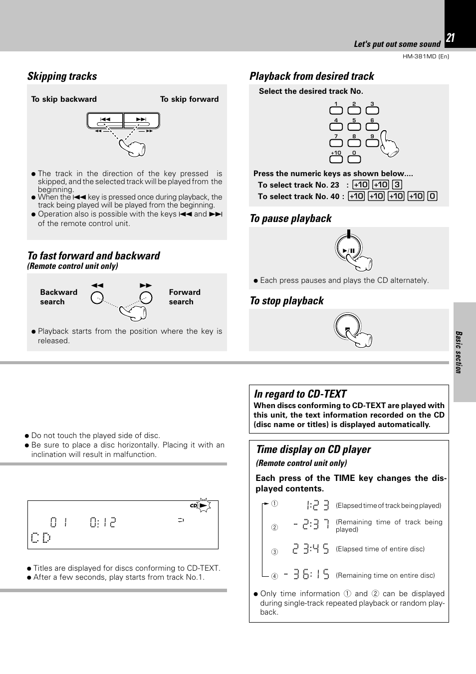 Skipping tracks, Playback from desired track, Time display on cd player | Let's put out some sound, Remote control unit only) | Kenwood HM-381MD User Manual | Page 21 / 76