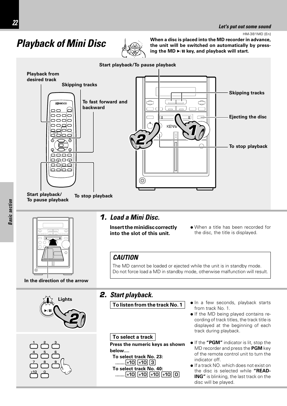 Playback of mini disc, Load a mini disc, Start playback | Caution | Kenwood HM-381MD User Manual | Page 22 / 76