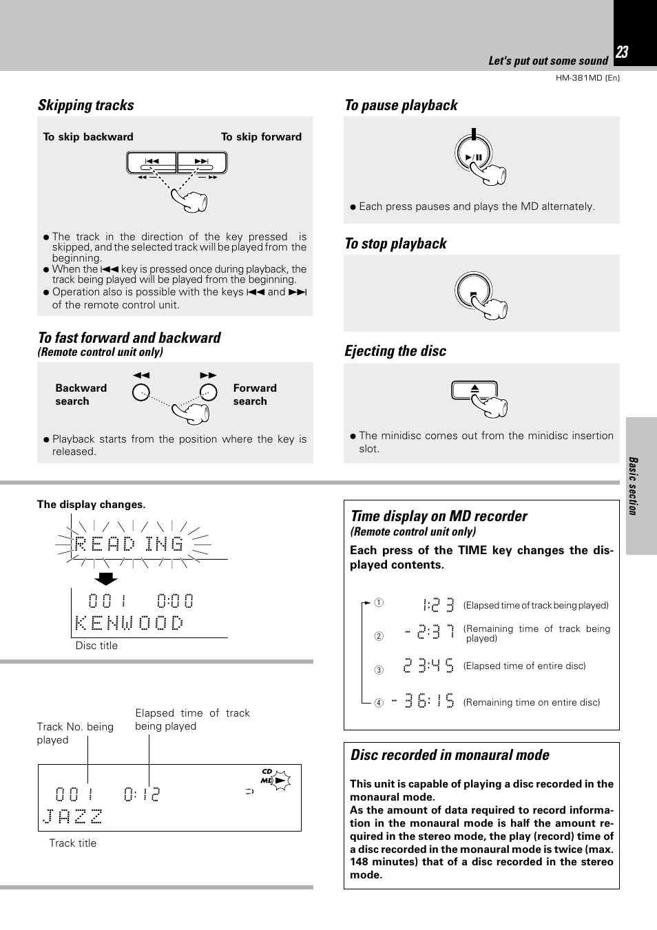 Skipping tracks, Time display on md recorder, Disc recorded in monaural mode | Kenwood HM-381MD User Manual | Page 23 / 76