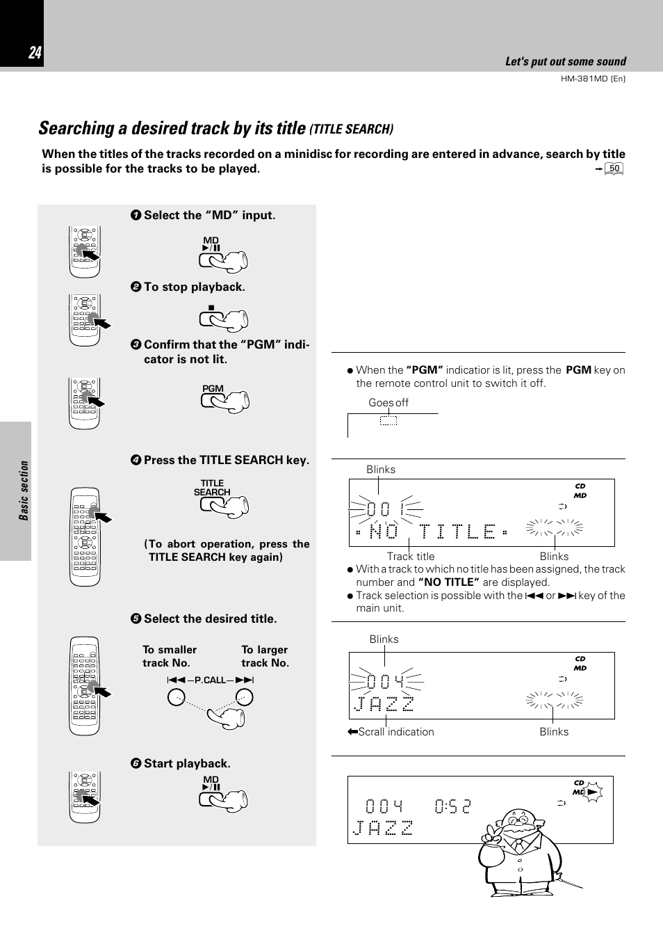 Searching a desired track by its title, Title search), Let's put out some sound | Kenwood HM-381MD User Manual | Page 24 / 76