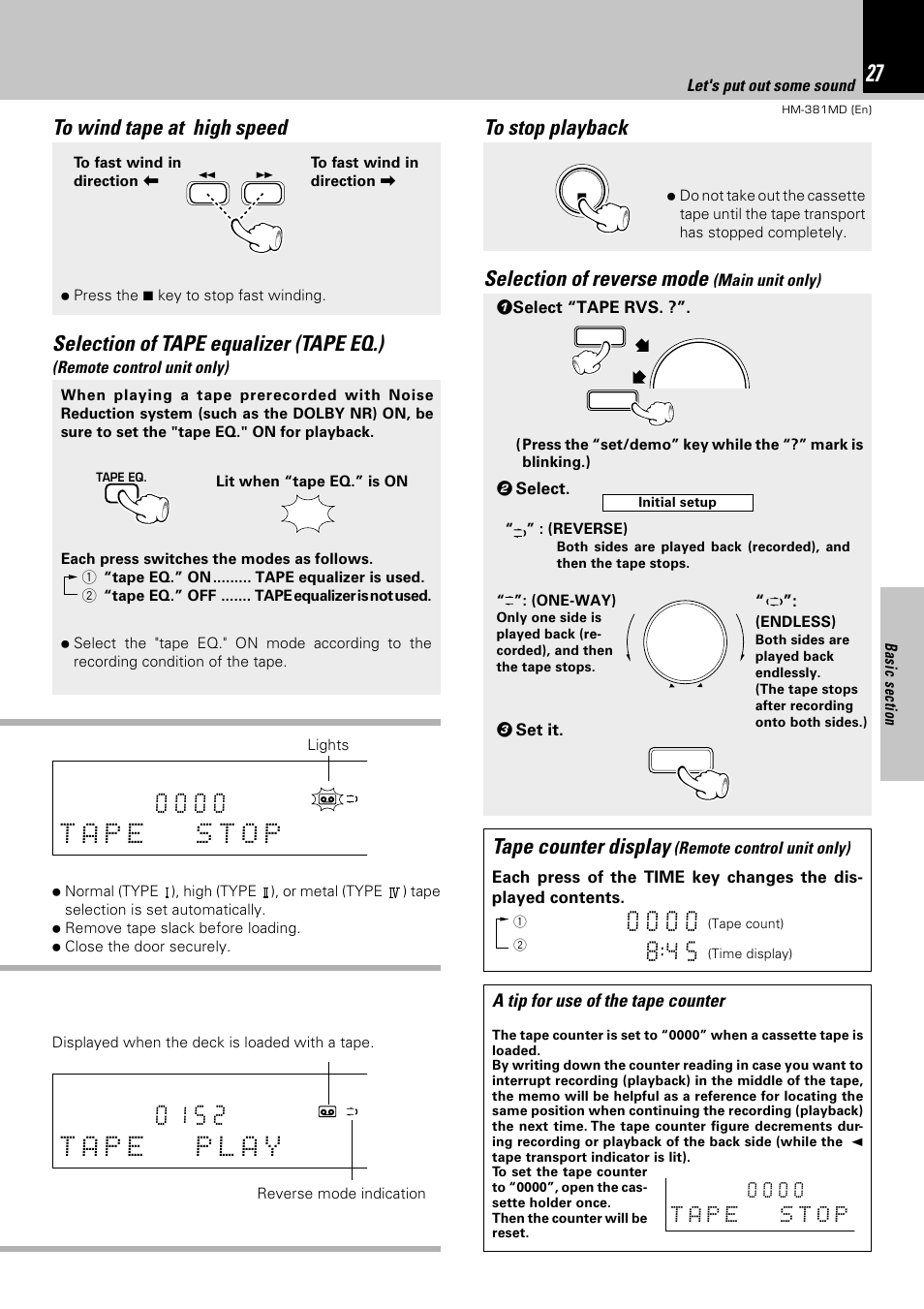 Selection of reverse mode, Tape counter display, Selection of tape equalizer (tape eq.) | A tip for use of the tape counter, 1 select “tape rvs. ?”. 2 select. 3 set it, Let's put out some sound, Main unit only), Remote control unit only) | Kenwood HM-381MD User Manual | Page 27 / 76