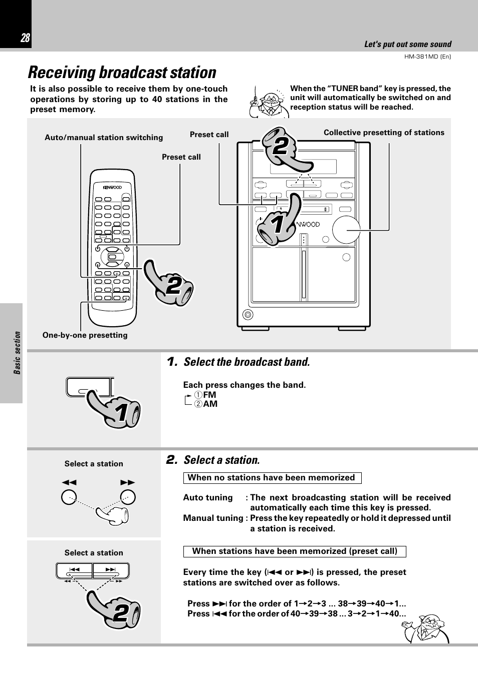 Receiving broadcast station | Kenwood HM-381MD User Manual | Page 28 / 76