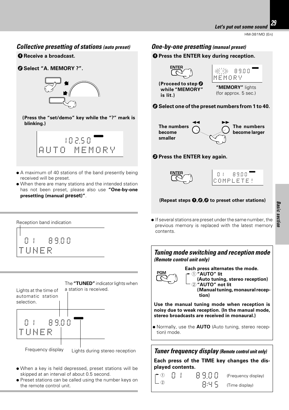 One-by-one presetting, Tuner frequency display, Tuning mode switching and reception mode | Collective presetting of stations, Manual preset), Remote control unit only), Auto preset), Preset | Kenwood HM-381MD User Manual | Page 29 / 76