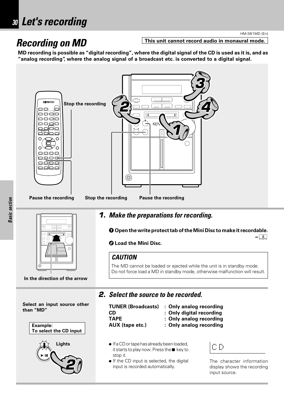 Let's recording, Recording on md | Kenwood HM-381MD User Manual | Page 30 / 76